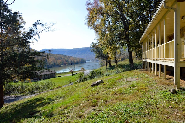 view of yard with a water and mountain view