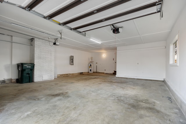 garage with electric panel, a garage door opener, and water heater