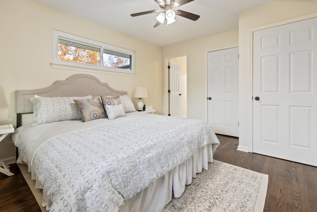 bedroom featuring ceiling fan and dark hardwood / wood-style flooring