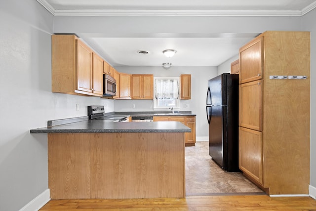 kitchen featuring light hardwood / wood-style floors, kitchen peninsula, stainless steel appliances, and ornamental molding