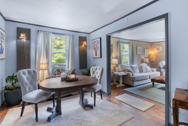 dining area featuring a textured ceiling, a wealth of natural light, and light hardwood / wood-style floors