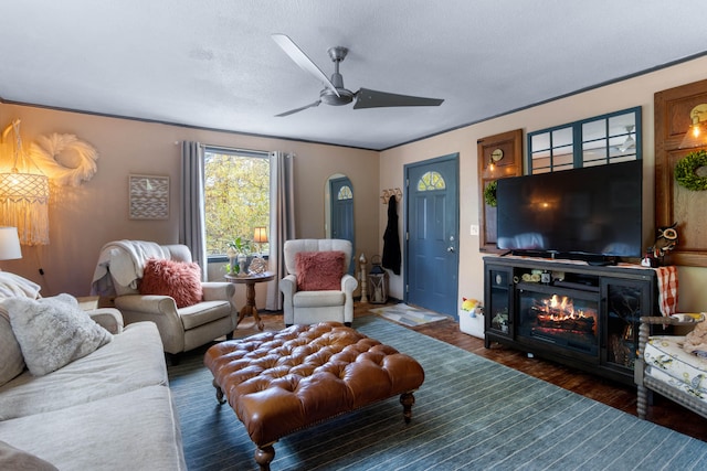 living room with ceiling fan, a textured ceiling, and dark hardwood / wood-style flooring