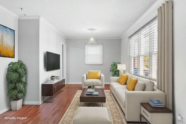 living room featuring crown molding and dark wood-type flooring