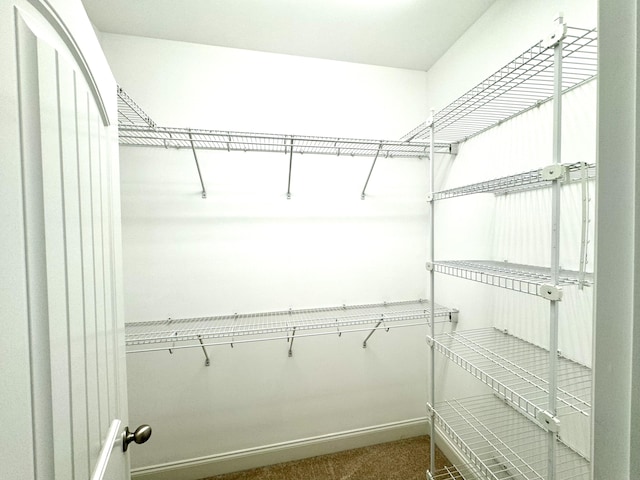 spacious closet featuring dark colored carpet