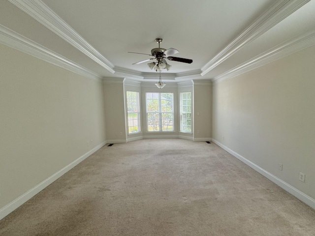 spare room with a raised ceiling, light colored carpet, and crown molding