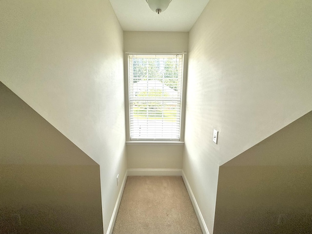 hallway featuring light carpet