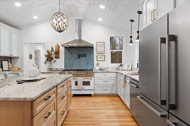 kitchen featuring wooden ceiling, wall chimney exhaust hood, white cabinets, high quality appliances, and vaulted ceiling