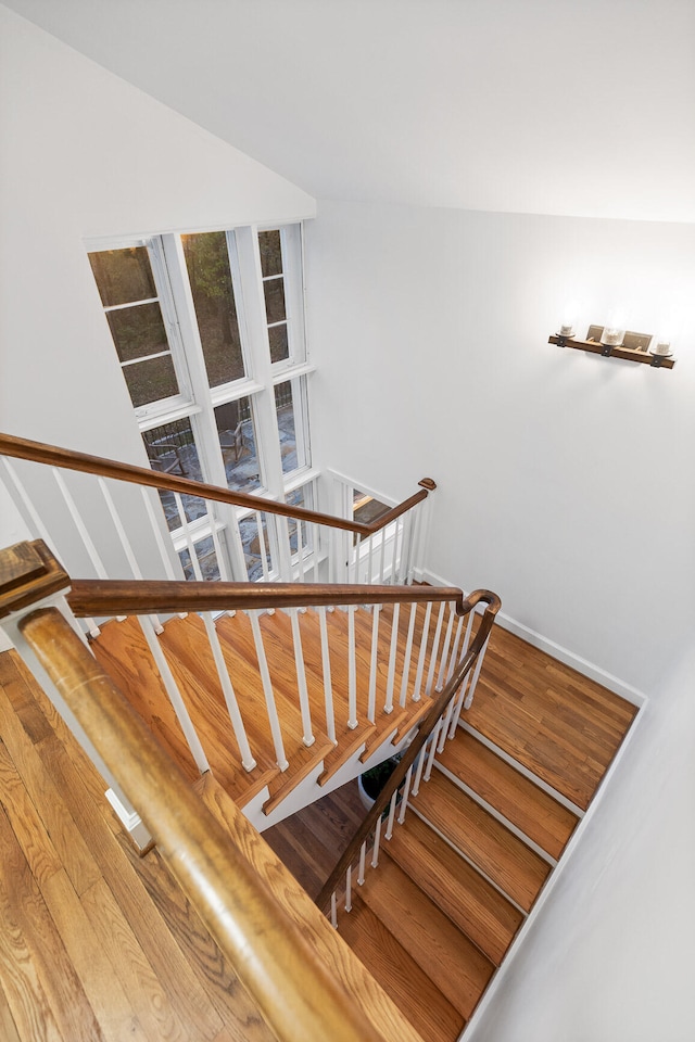 stairway with hardwood / wood-style flooring