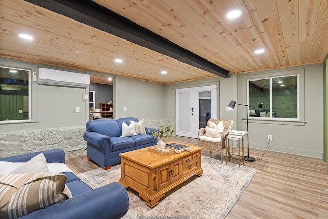 living room with light wood-type flooring, wood ceiling, a wall mounted air conditioner, and beam ceiling