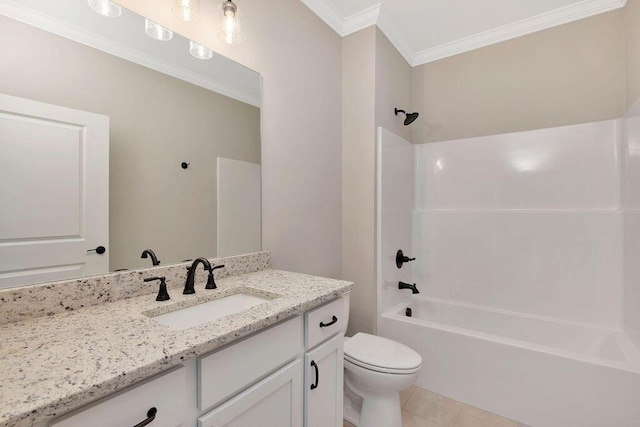 full bathroom featuring toilet, shower / bathtub combination, ornamental molding, vanity, and tile patterned flooring