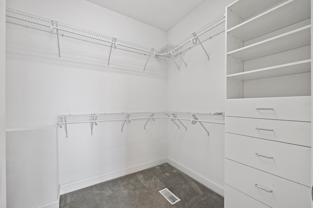 spacious closet featuring dark colored carpet