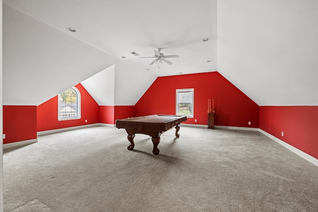 rec room featuring carpet, ceiling fan, pool table, and vaulted ceiling