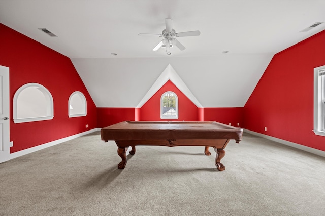 game room with ceiling fan, lofted ceiling, and pool table