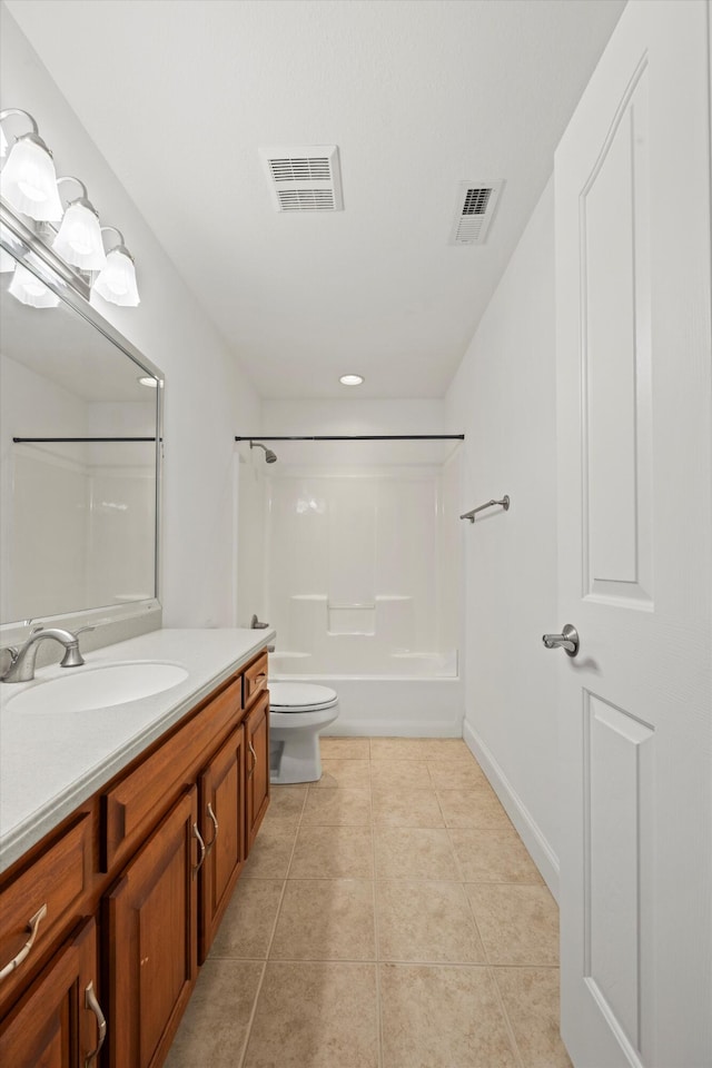 full bathroom with toilet, shower / tub combination, vanity, and tile patterned floors