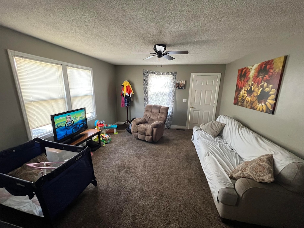 carpeted living room with a textured ceiling, plenty of natural light, and ceiling fan