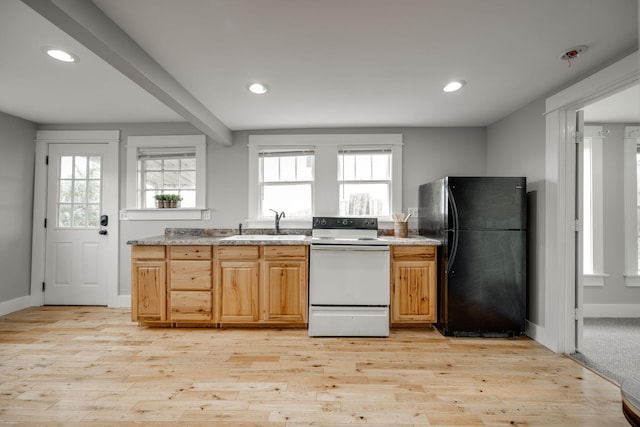 kitchen with black refrigerator, white range with electric stovetop, light hardwood / wood-style flooring, and plenty of natural light