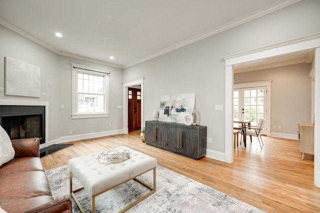 living room featuring light hardwood / wood-style floors and crown molding