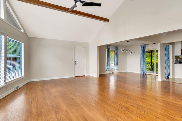 unfurnished living room with high vaulted ceiling, light wood-type flooring, ceiling fan with notable chandelier, and beamed ceiling