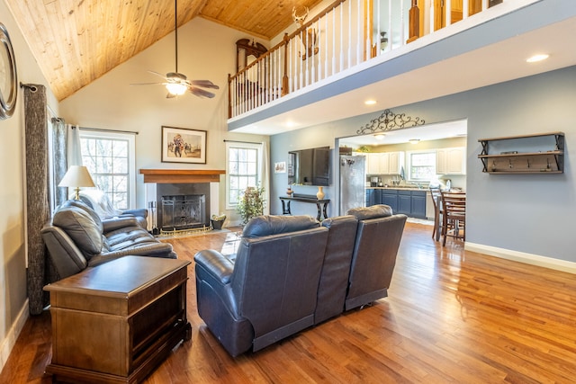 living room featuring high vaulted ceiling, wood ceiling, wood-type flooring, and ceiling fan