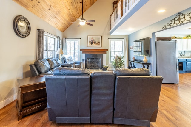 living room with high vaulted ceiling, hardwood / wood-style flooring, ceiling fan, and wood ceiling