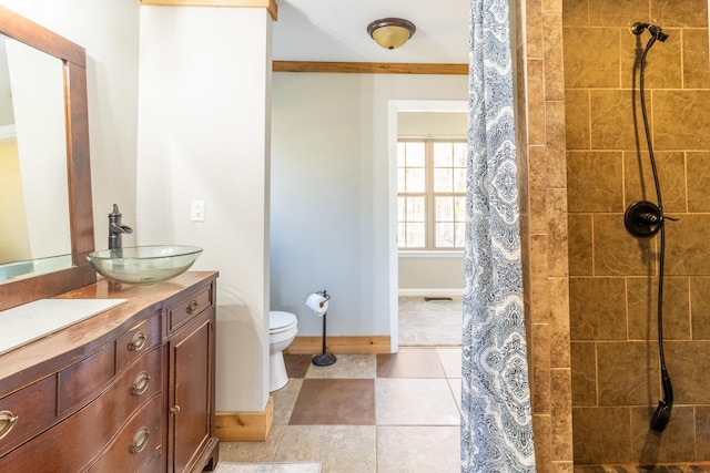 bathroom featuring walk in shower, tile patterned flooring, vanity, and toilet