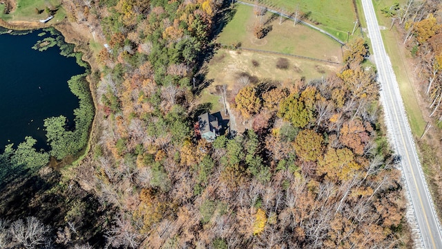 drone / aerial view with a water view and a rural view