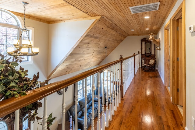 hallway with wooden ceiling, lofted ceiling, and hardwood / wood-style floors