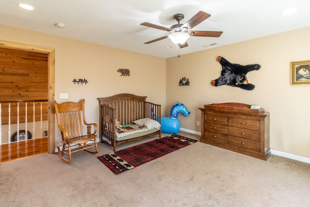 bedroom featuring carpet floors and ceiling fan