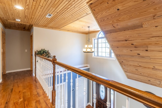 hallway featuring light hardwood / wood-style flooring, a chandelier, and wooden ceiling