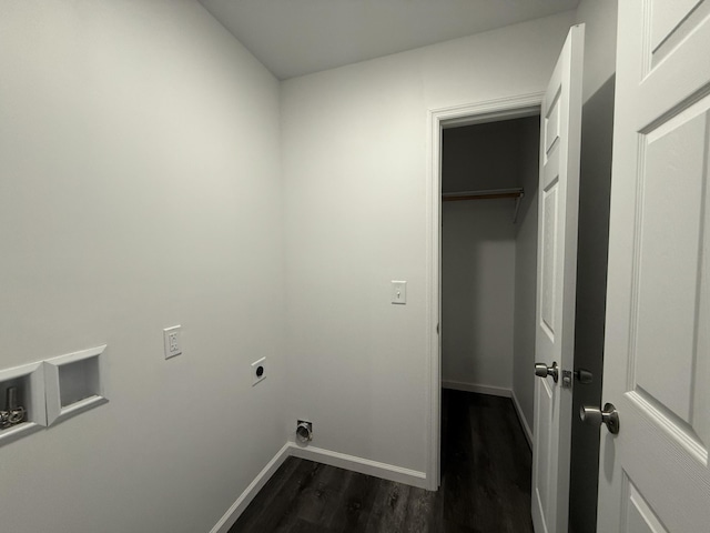 laundry room with laundry area, baseboards, dark wood finished floors, hookup for a washing machine, and hookup for an electric dryer