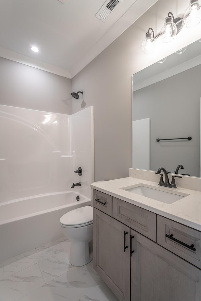 full bathroom with vanity, ornamental molding, bathing tub / shower combination, and toilet