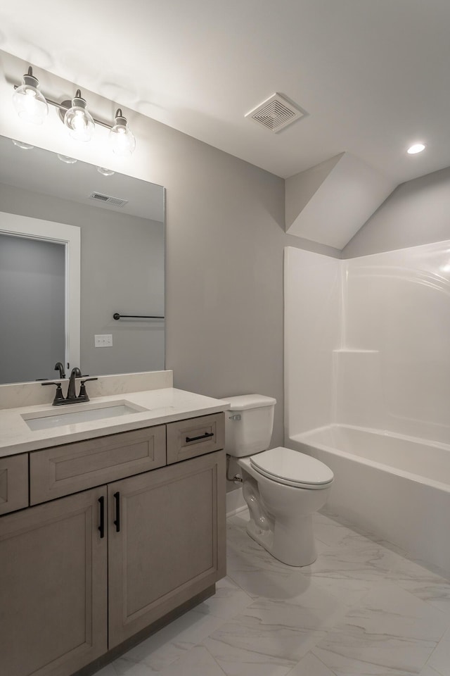 full bathroom with vanity, shower / bathtub combination, and toilet