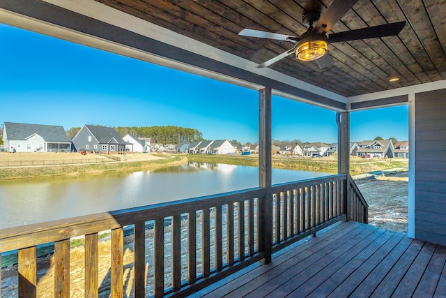 deck with ceiling fan and a water view