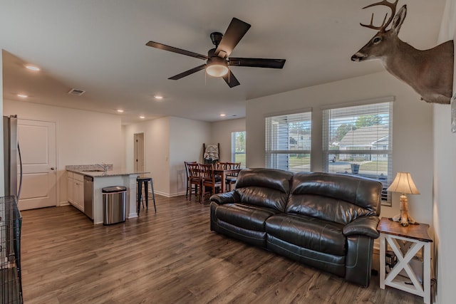 living room featuring ceiling fan, sink, a wealth of natural light, and dark hardwood / wood-style floors