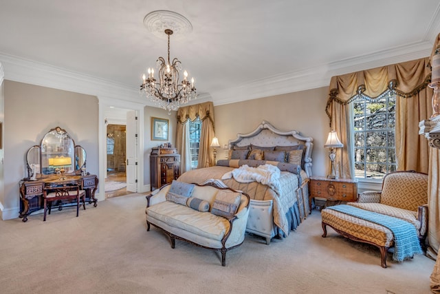 bedroom featuring ornamental molding, connected bathroom, light carpet, and an inviting chandelier