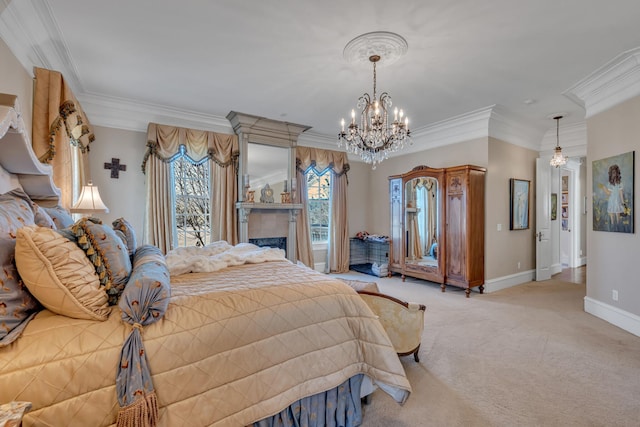 bedroom featuring light colored carpet, a notable chandelier, and ornamental molding