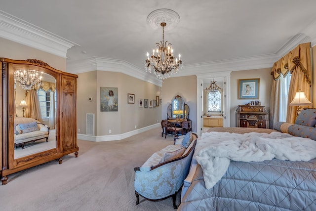 carpeted bedroom with a notable chandelier and ornamental molding