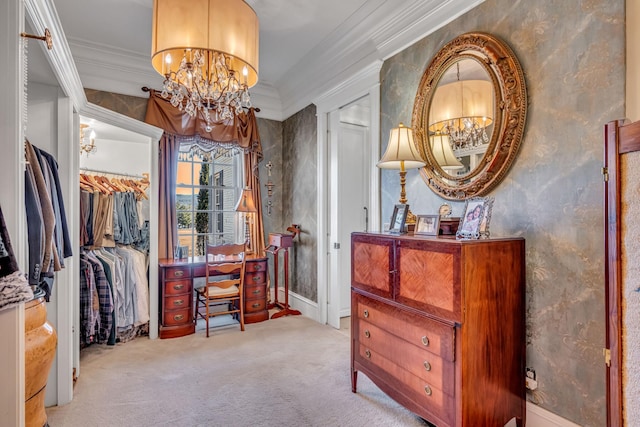 interior space with a notable chandelier, light carpet, and crown molding