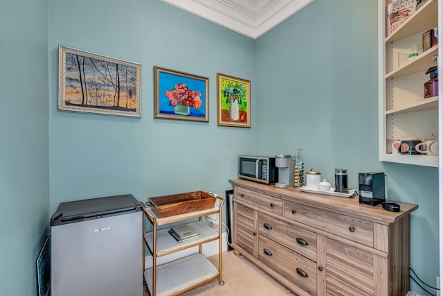 miscellaneous room featuring light colored carpet and crown molding