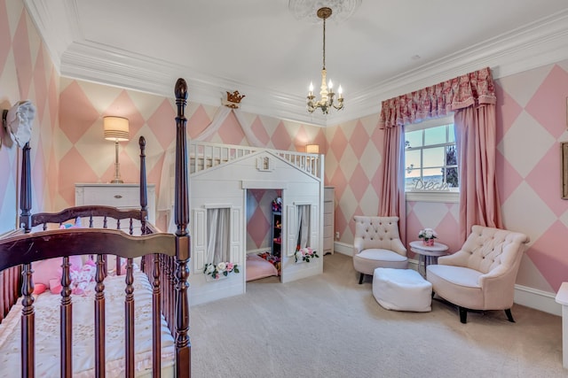 bedroom with carpet flooring, a notable chandelier, and crown molding