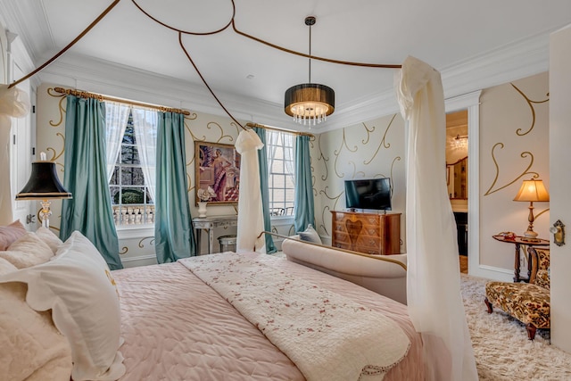 bedroom with multiple windows and ornamental molding