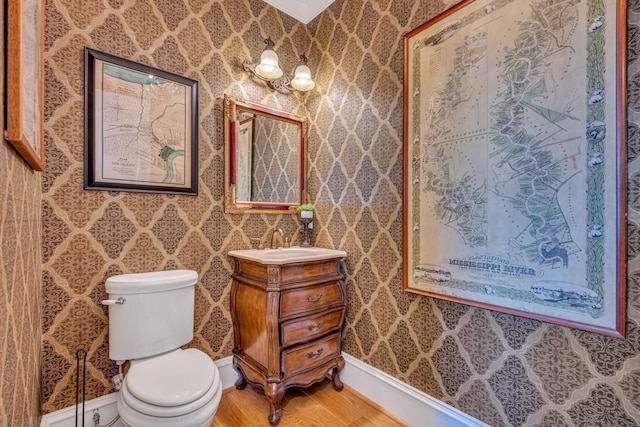 bathroom with hardwood / wood-style flooring, vanity, and toilet