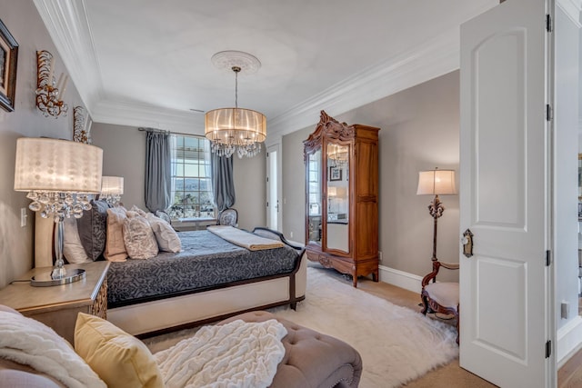 bedroom featuring light colored carpet, a chandelier, and ornamental molding