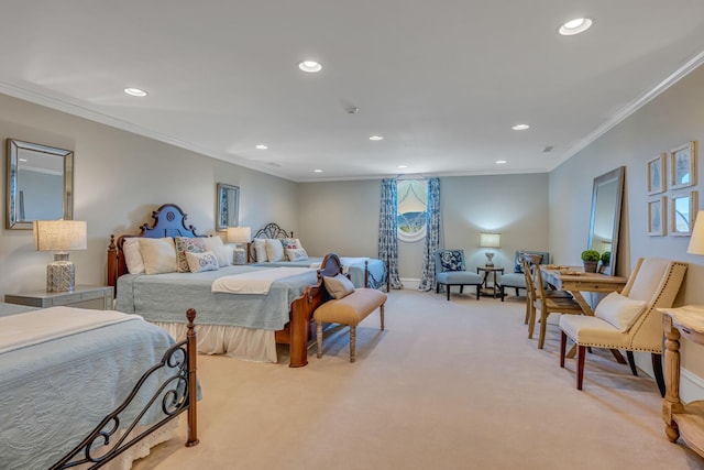 bedroom with light colored carpet and crown molding