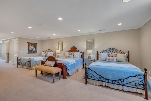 bedroom with light colored carpet and crown molding