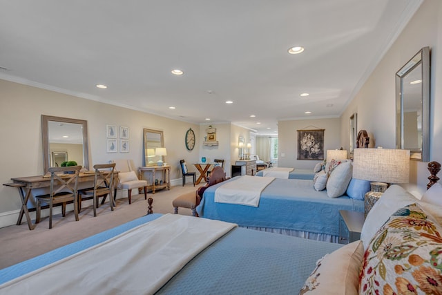 carpeted bedroom with crown molding