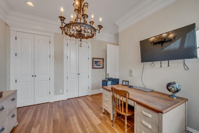 office featuring ornamental molding, light hardwood / wood-style flooring, and a notable chandelier