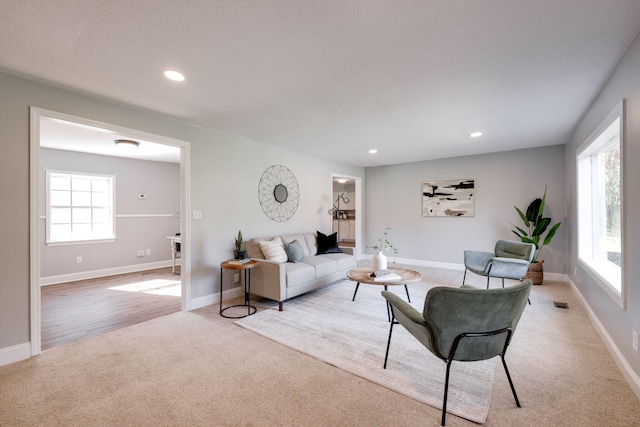 living room with a textured ceiling and light hardwood / wood-style flooring