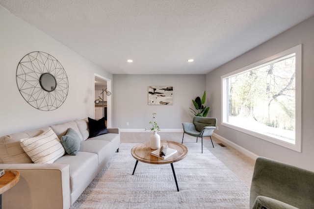 living room featuring a textured ceiling and light carpet