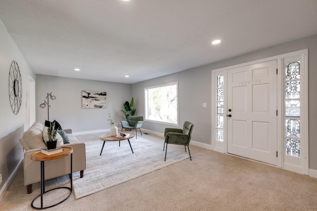 carpeted living room with a textured ceiling